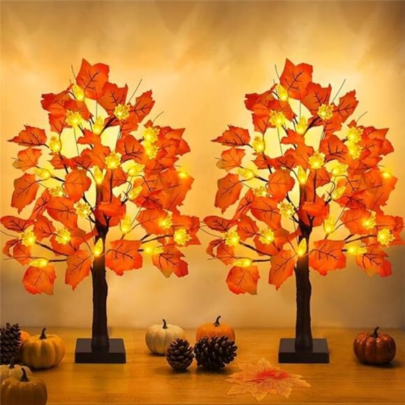 2 Pack 24 Inch Fall Maple Tree Decorations Pre Lit LED Battery Operated Autumn D - Picture 7 of 7